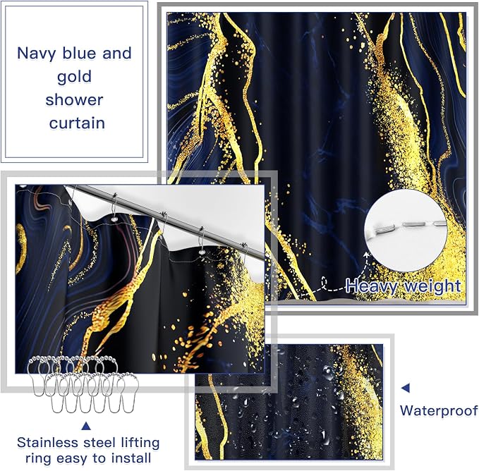 21PCS Bathroom Sets with Shower Curtain and Rugs Bathroom Accessories Set Navy Blue Bathroom Set Complete with Trash Can, Toilet Brush, Qtip Holder & 3PCS Soap Dispenser