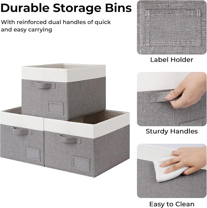 GRANNY SAYS Closet Storage Bins with Label, Gray&White, Large, 3-Pack | Fabric Storage Bins for Clothes, Closet Organization Bins, Collapsible Storage Bins with Handles, Decorative Storage Box