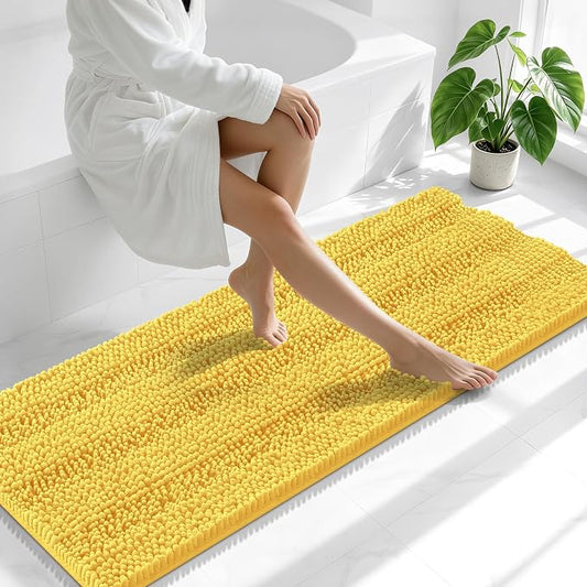 Smiry Thick Chenille Bathroom Runner Rugs 47x20, Absorbent Bath Mat, Yellow | Quick‑Dry & Machine Washable, Non‑Slip Bath Carpet, Soft Striped Bath Rugs for Tub & Shower, Modern Home Decor Accessories