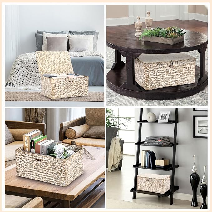 Hipiwe Wicker Woven Baskets Bin with Lid Seagrass Storage Basket, X-Large | Natural Decorative Baskets Rectangular Household Basket for Shelf Wardrobe Home Decor, Whitewash