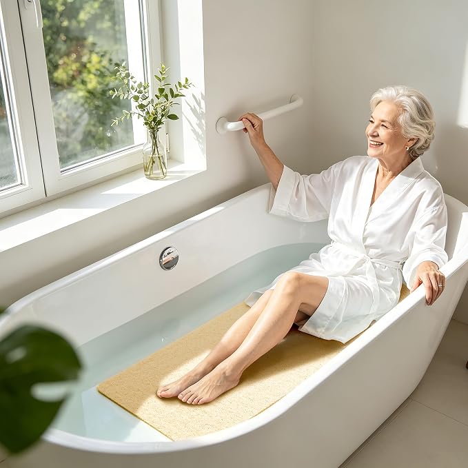 Soft Textured Bath, Shower, Tub Mat, 47x16 Inch, Phthalate Free, Non Slip Comfort Bathtub Mats with Drain, PVC Loofah Bathroom Mats for Wet Areas, Quick Drying