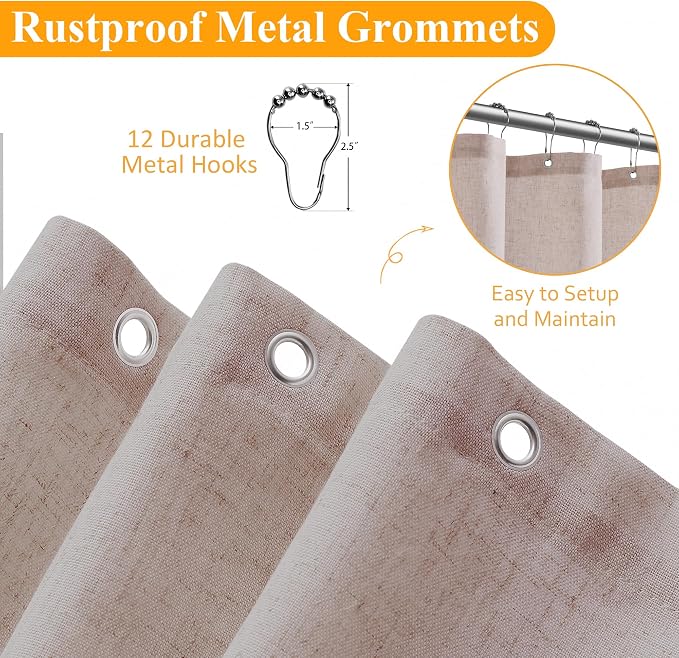 Linen Shower Curtain 72 Inch Long for Bathroom Boho Farmhouse Fabric Shower Curtains Set with Hooks Neutral Cloth Modern Cottage Core Waterproof 72x72,White