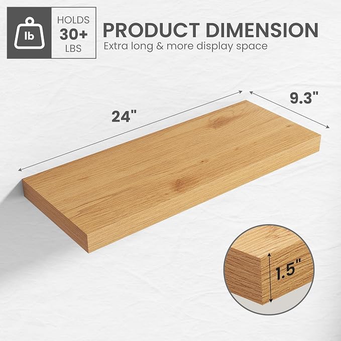 24 in Floating Shelves for Wall Decor Color Oak,Pack 2 | Modern floating shelves for living room,bedroom,kitchen and bath.Organize & display books,photos and decor.easy mount,sturdy.