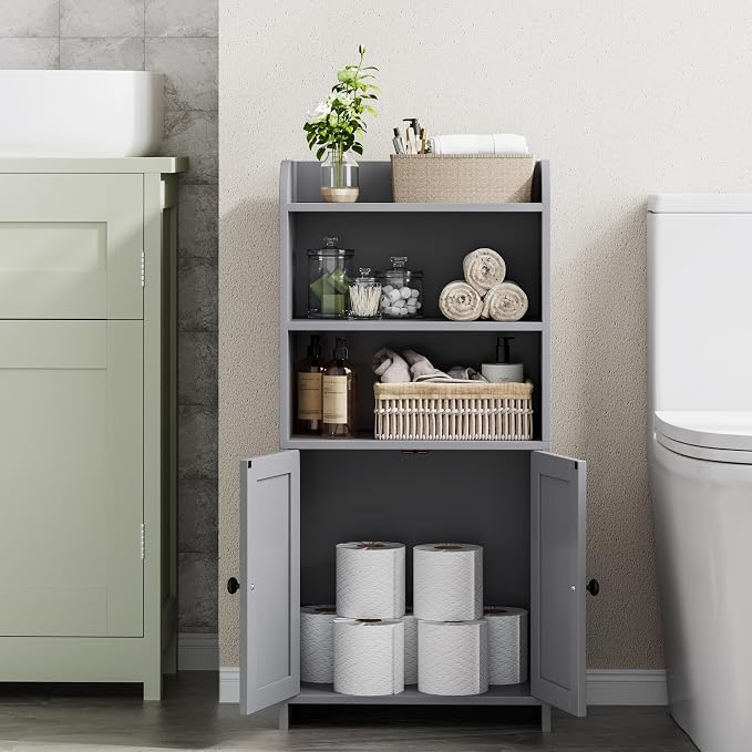 Homhedy Small Bathroom Storage Cabinet, Toilet Paper Storage Cabinet | Bathroom Floor Cabinet with Doors and Shelves, Bathroom Organizers for Small Spaces, 7.9" D x 14.6" W x 31" H, Gray