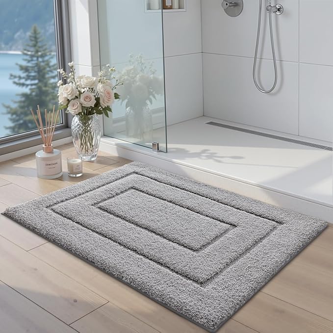 DEXI Bathroom Rugs 36x24, Non-Slip and Absorbent Bath Mat, Light Grey | Machine Washable, Soft Plush Microfiber Bathmat with Rubber Back, Quick Dry Rug for Shower, Tub, Sink