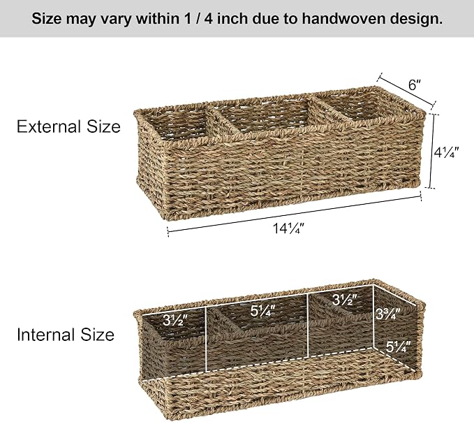 StorageWorks Wicker Toilet Basket Tank Topper, Seagrass Storage Baskets | Wicker Basket, Toilet Paper Storage for Back of Toilet Tank, Woven Baskets for Shelves, Wicker Baskets with 3 Compartments