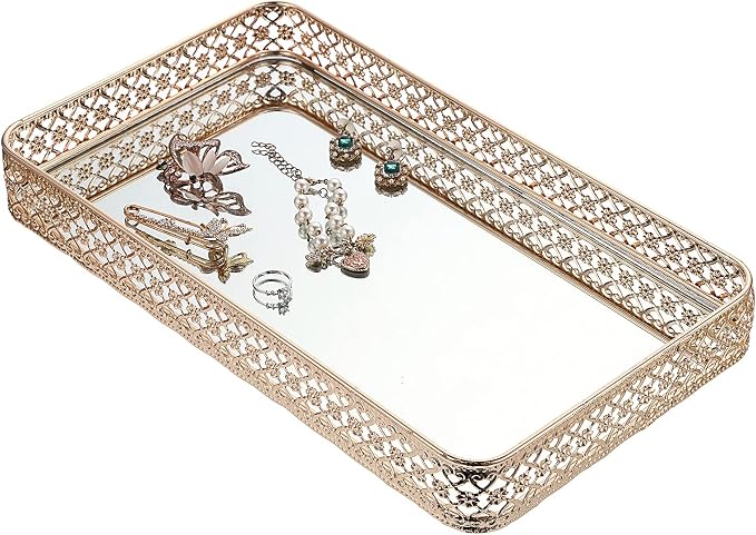 ELLDOO Gold Mirror Glass Perfume & Makeup Vanity Tray, Large Size | Hollow-Carved Jewelry Storage, Metal Trinket Organizer for Dresser Bathroom Countertop