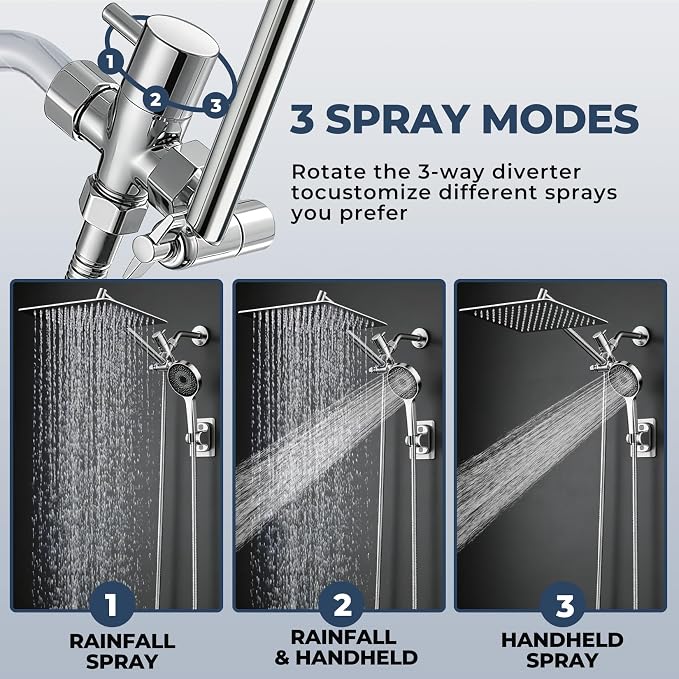 Shower Head, Rain Shower Head with Handheld Spray Combo, 8 Inch Adjustable High Pressure Rainfall Shower Head, Dual Showerhead Set with Extension Arm