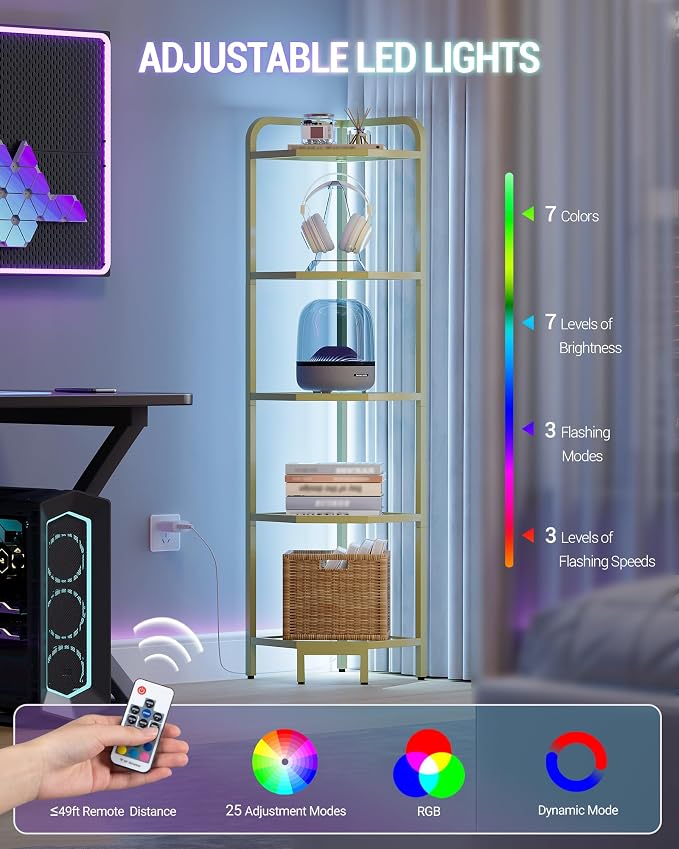 Hzuaneri Corner Shelf with LED Lighting, 5-Tier Glass Bookshelf | Steel Frame, Tempered Glass, Modern Style Corner Shelf, Suitable for Living Rooms, Bedrooms and Games Rooms CS09599G