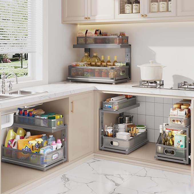 2 Pack 18.5IN-Depth Under Sink Organizer With Next-Gen Ball-Bearing Slides,2-Tier Precision Mesh Pull Out Cabinet Storage for Bathroom&Kitchen,Height Adjustable Drawers Shelf,Anti-rust-Grey