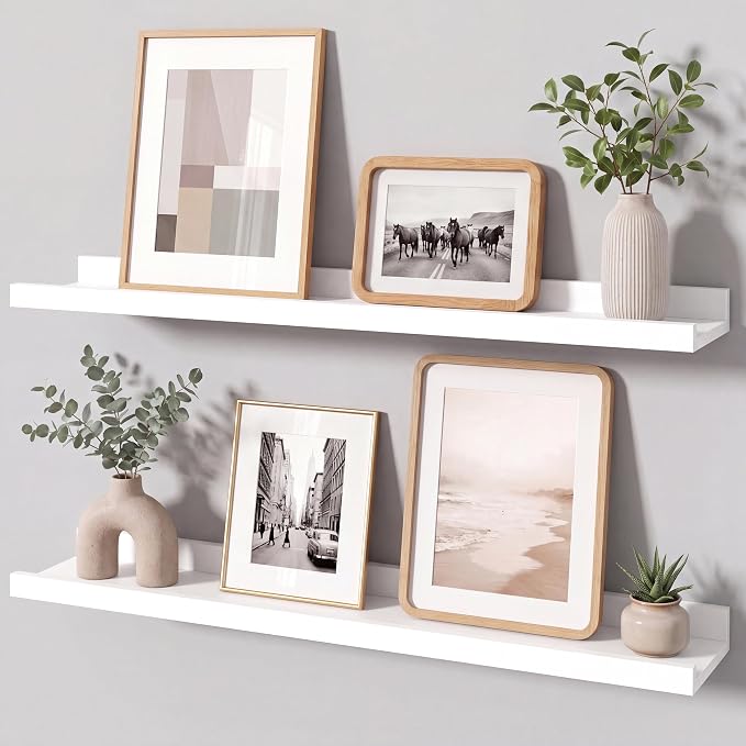 White Picture Ledge Shelves for Wall, 4.5" Deep Wood Floating Shelves with Lip for Bedroom, Living Room, 24" Width, Color White Set of 2