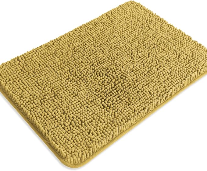 Mustard Bathroom Rugs – Absorbent and Washable Bath Mat, Non-Slip, Thick Soft Chenille Bath Rugs for Bathroom Floor, Shower, Sink - 17" x 24"