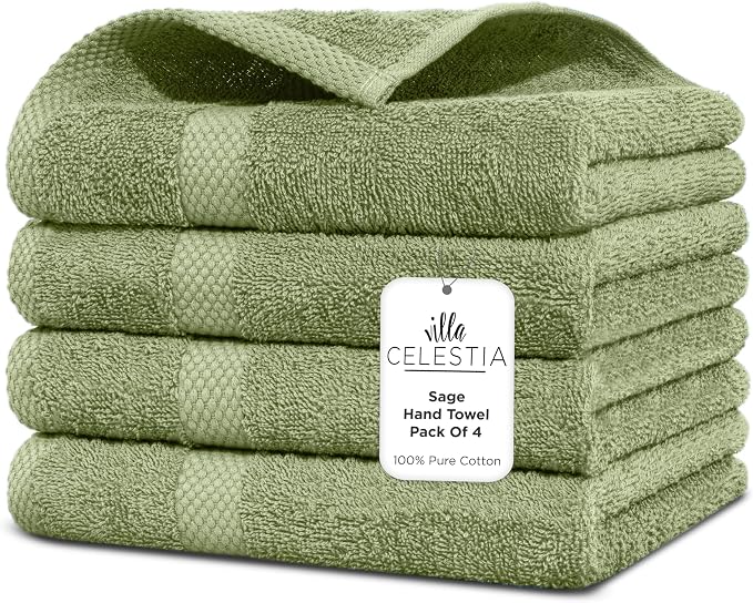 Villa Celestia Cotton Hand Towels Set of 4, 16 x 28, Oeko-TEX Certified, Quick Dry, Sage