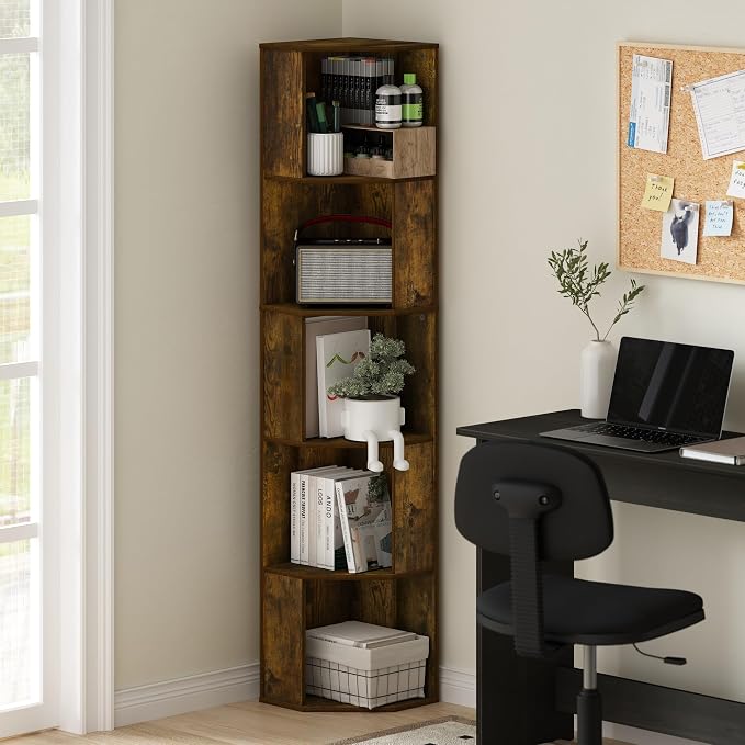 Furinno ECON Corner Shelf, 5-Tier Corner Book Shelf, Standing Storage Shelves, Cube Display Rack, Bookshelf, for Organization and Storage, Living Room, Home Office, Amber Pine