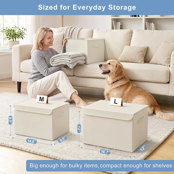 Large 42 Quarts Collapsible Stackable Storage Bins Cube with Lids [3-Pack] Foldable Fabric Linen Storage Boxes, Closet Organizer Baskets with Label for Home (16.7 x 12 x 12, Beige)