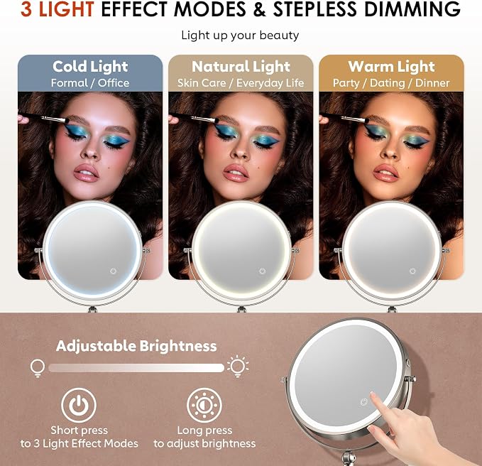ZLOKLA 9" Wall Mounted Lighted Makeup Mirror,4000mAh Rechargeable Double Sided 1X/20X Magnifying Mirror with Light,Touch Dimmable,Extended Arm 360 Rotation Wall Mounted Makeup Mirror 3 Color Lights-N
