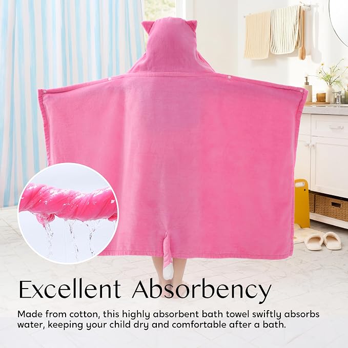 Joiedomi Hooded Towel for Kids Soft 100% Cotton Bath Beach Towel 30" x 50" for Kids 3-8 Years Toddler Pool Poncho with Hood Absorbent Swim Wrap for Boys Girls Pink Cat