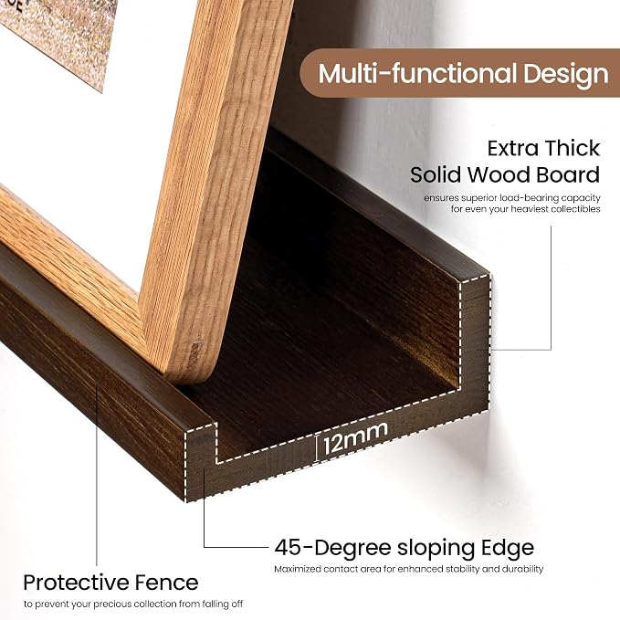 Picture Ledge Shelf, Floating Shelves Set of 2, 32 Inches Solid Wood Nursery Book Shelves for Toys Storage, Kids Bookshelf Wall Mounted for Living Room Bedroom Decor Books Photo Frames, Walnut