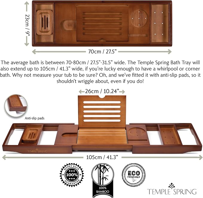 Bamboo Bathtub Tray Caddy for Tub — Expandable Wood Bath Tray with Solid Book Stand Wine Holder and Non-Slip Pads — Includes Bamboo Soap Dish and Spa Accessories — Luxury Bath Gift Set