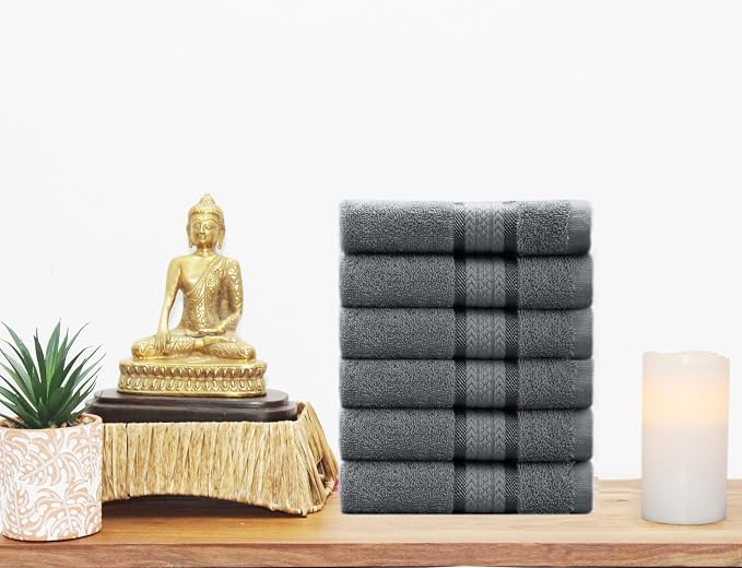 COTTON CRAFT Ultra Soft Hand Towels - 6 Pack 100% Ringspun Cotton Towel Set | Large 16x28 Charcoal Hand Towels with a Luxurious Rayon Border - Plush Absorbent 580 GSM Easy Care - Ideal for Everyday use