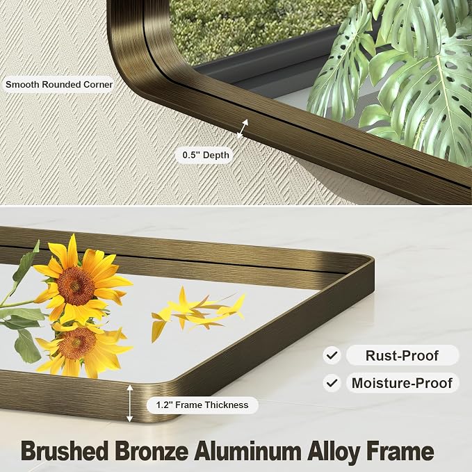 28x36 Inch Bronze Framed Bathroom Mirror | Brushed Bronze Metal Frame, Rounded Rectangle Vanity Mirror, Tempered Glass, Anti-Rust, Shatterproof (Horizontal/Vertical)