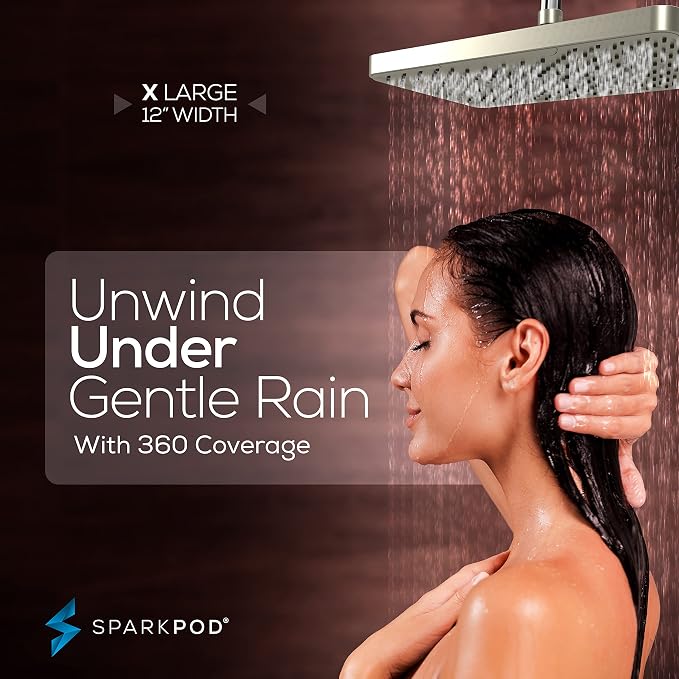 SparkPod 12 Inch Rectangle Rain Shower Head - Ceiling or Wall Mount Rainfall Shower Head - Large Coverage Showerhead - Brass Ball Joint with 360° Adjustment - 1-Min Install (Elegant Brushed Nickel)