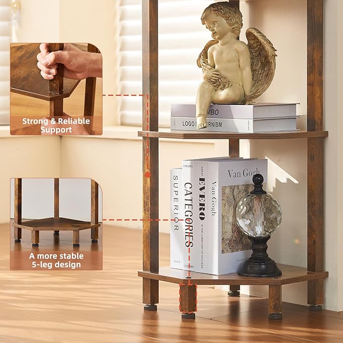 YUFAM 4-Tier Corner Shelf, Brown | Wooden Corner Bookshelf for Small Spaces, Corner Standing Shelf with Sturdy 5-Leg Base