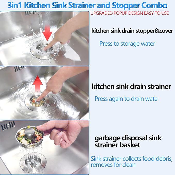 Kitchen Sink Drain Strainer for 3-1/2 Inch Drain Hole, 3-in-1 304 Stainless Steel Pop-Up Sink Strainer and Stopper with Anti-Clog Filter Basket & Food Catcher (Silver, 1 Pack)