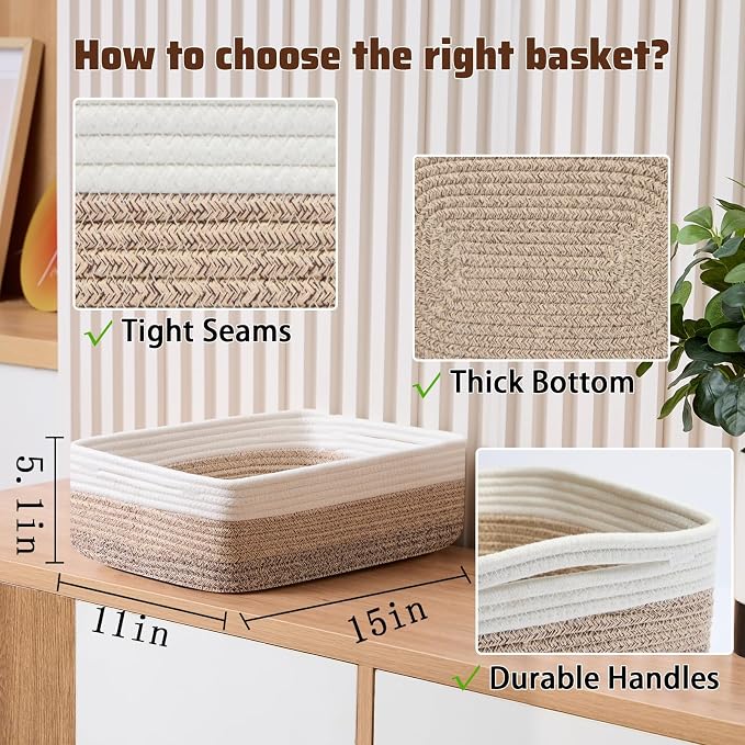 MiniArk Large Shallow Organizing Baskets 15x11x5.1 Inches - Rope Woven Storage Bins for Bathroom, Shelves, Cube Closet, Gradient Brown 2 Packs