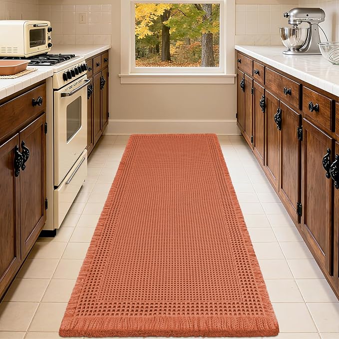 Extra Large Waffle Bath Mat, Boho Bathroom Rugs Absorbent Non Slip, Ultra Soft Bathroom Mat,Machine Washable Knit Bath Rug with Border for Bathroom,Bedroom,Kitchen,Shower, 6'x2', Burnt Orange