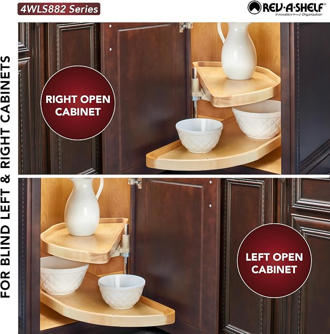 Rev-A-Shelf 35" Dual Shelf Half Moon Lazy Susan Organizer for Diagonal Blind Corner Kitchen Cabinets, Pullout Turntable Trays, Wood, 4WLS882-35-570