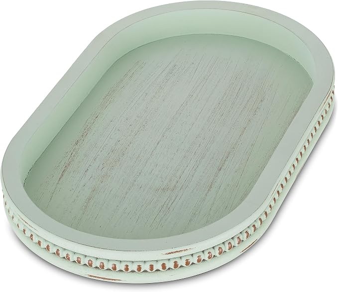 Hanobe 15" Sage Green Decorative Trays for Coffee Table Decor, Beaded Edge | Wood Oval Farmhouse Table Centerpiece for Candle Plate, Kitchen Dining Living Room