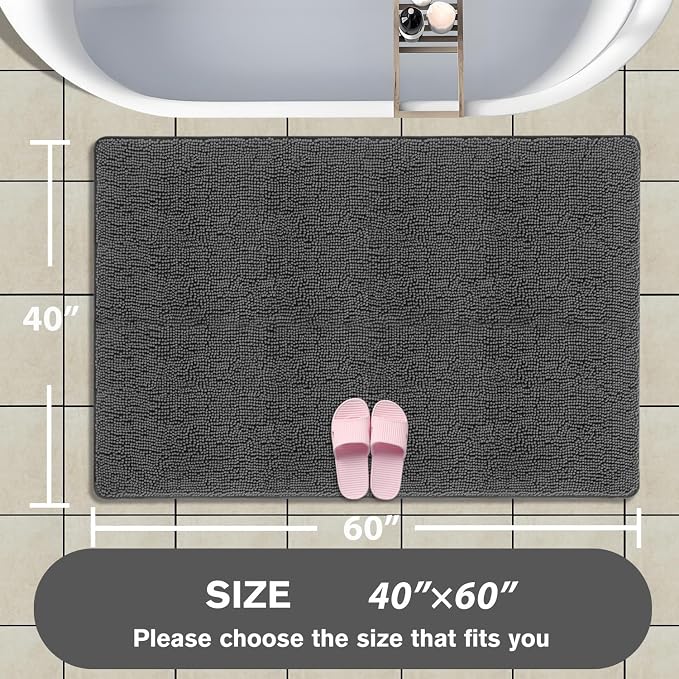 Bathroom Rugs 40 x 60 Inch – Extra Large Bath Mat | Absorbent and Washable Thick Chenille Bath Rugs Non-Slip Runner Rug for Bathroom, Shower, Tub(Gray)