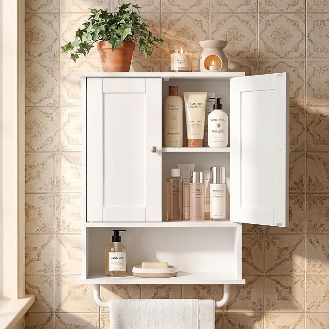 VASAGLE Siren Collection Bathroom Wall Cabinet, Hanging Storage | Bathroom storage cabinet, towel rod, farmhouse, adjustable shelf, doors, 7.9 x 17.7 x 23.6 Inches, UBBK148WB01S
