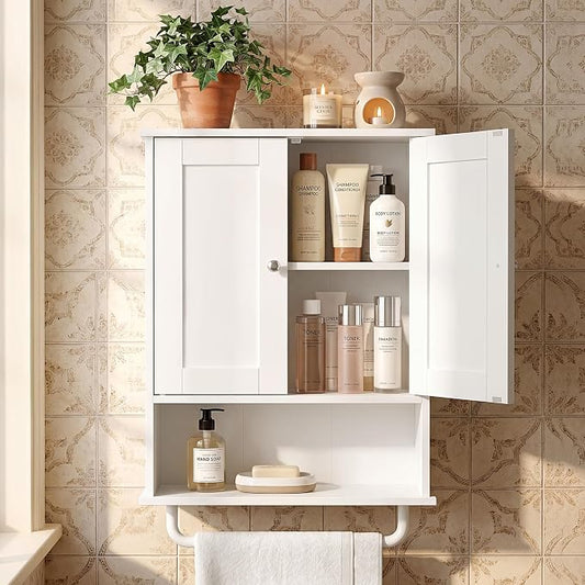 VASAGLE Siren Collection Bathroom Wall Cabinet, Hanging Storage | Bathroom storage cabinet, towel rod, farmhouse, adjustable shelf, doors, 7.9 x 17.7 x 23.6 Inches, UBBK148WB01S