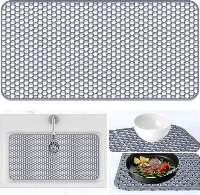 Sink Protectors Mat - 28.35"x14.37" Kitchen Sink Pad for Bottom of Basin for Protection of Stainless Steel and Tableware, Farmhouse Rubber Basin Mat Protector - Light Gray