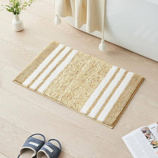 CozeCube Beige Striped 24"x16" Non Slip Washable Bath Mat | For Bathroom, Fluffy Absorbent Microfiber Bath Mats Machine Wash, Stylish Small Aesthetic Bathroom Rugs