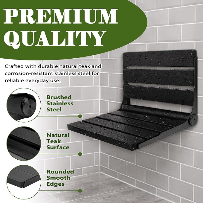 Teak Shower Seat Stainless Steel, Folding Shower Seat Wall Mounted, Foldable Shower Bench for Home Care (All-Black Wood and Stainless Steel, 13" D x 17" W x 10" H)