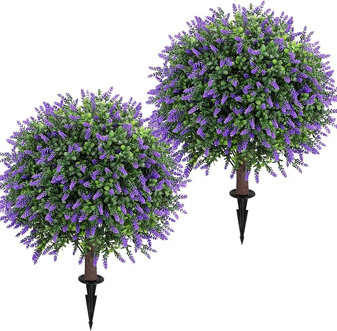 Artificial Lavender Topiary Ball Tree 25" with Ground Spike, Set of 2 Artificial Boxwood Bushes for Faux Shrubs, Fake Evergreen Faux Plant for Indoor Outdoor Porch Garden -UV Resistant–Fade-Proof