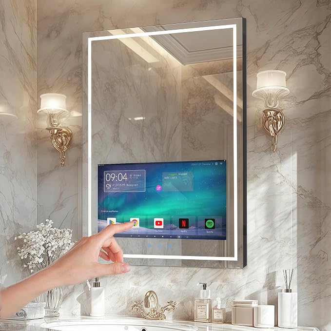 24x32 Inch LED Smart Bathroom Mirror with 21.5" Hidden Touchscreen System | Android 11,Anti-Fog,IP66 Waterproof,3-Color LED Light,Clock&Weather Display,Built-in Speaker,WiFi Bluetooth HDMI,Wall-Mounted