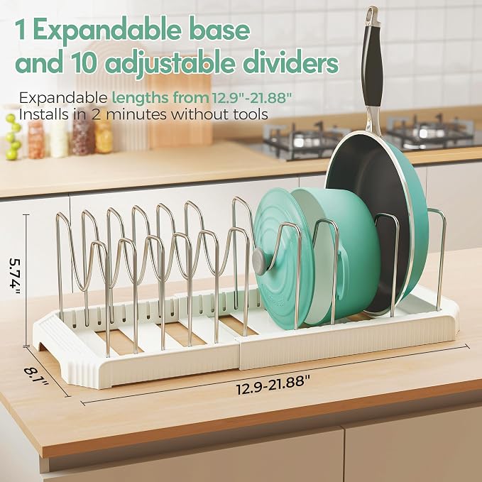 Expandable Pan Organizers Inside Cabinet with 10 Dividers White | Extends 12.9-21.9", Holds cookie sheets, cutting boards, pot lids and pans, iron dividers, plastic base, under cabinet rack