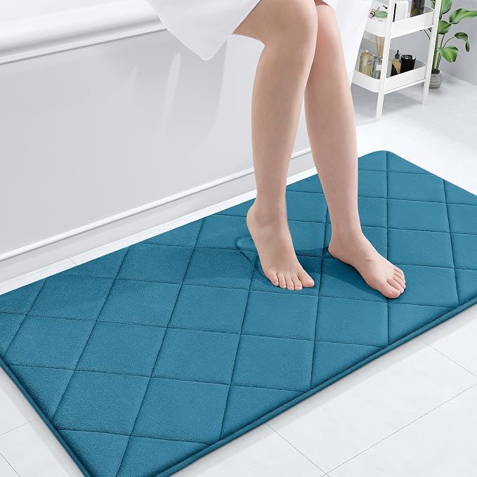 OLANLY Memory Foam Bath Mat 47x24, Ultra Soft and Absorbent Bathroom Rugs | Peacock Blue, Quick Dry, Machine Washable Shower Bath Rugs, Comfortable Bath Carpet for Bathroom Floor, Tub and Shower