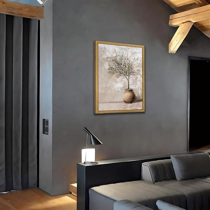 Vintage Olive Tree Canvas Wall Art, Farmhouse Aesthetic Oil Painting, Rustic Potted Plant Wall Decor, Neutral Botanical Print Artwork Picture for Living Room Kitchen Home Decor 12x16 Inch Framed