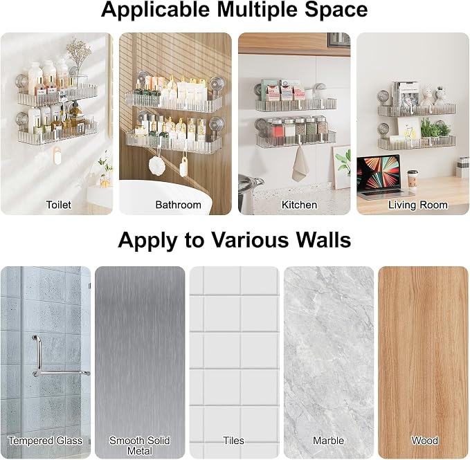 Adhesive Shower Caddy Suction Cup Shower Shelves for Inside Shower No Drilling Bathroom Organizers and Storage Wall Shelf Rack Clear(clear,square)