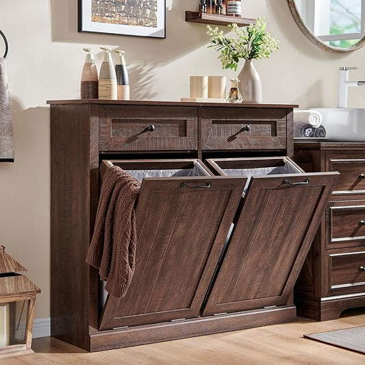 IFBUY Double Tilt Out Laundry Hamper Cabinet, Trash Cabinet, Brown | 20 Gallon Farmhouse Trash Cabinet w/Drawers, Hidden Wood Garbage Can Cabinets w/Laundry Storage Basket for Bathroom, Kitchen