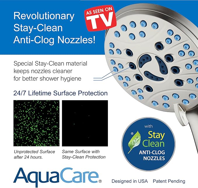 AquaCare 8-mode High Pressure Handheld Shower Head with 2-mode Power Wash | Stay Clean Nozzles, Dual Power Wash for Tub, Tile & Pets, Long 6 ft. Stainless Steel Hose, Wall & Overhead Brackets / Nickel