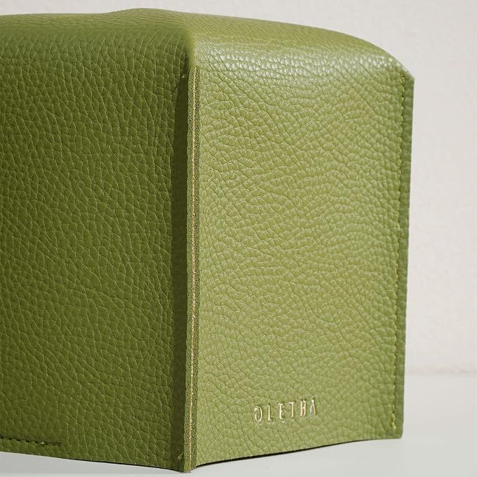 OLETHA Square Tissue Box Cover, Aesthetic Desk Decor, Green | Faux leather tissue box holder for room, home, office; fits Kleenex & Puffs cube boxes; velcro base; easy swap; wipes clean