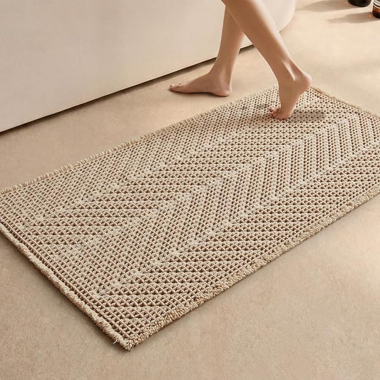 Sunfly Waffle Bath Mat, Boho Bath Rugs for Bathroom Floor Super Absorbent & Quick Dry, Non-Slip Washable Bath Mat with Tassels, Ultra Soft Farmhouse Bathroom Decor 24"*48" Beige