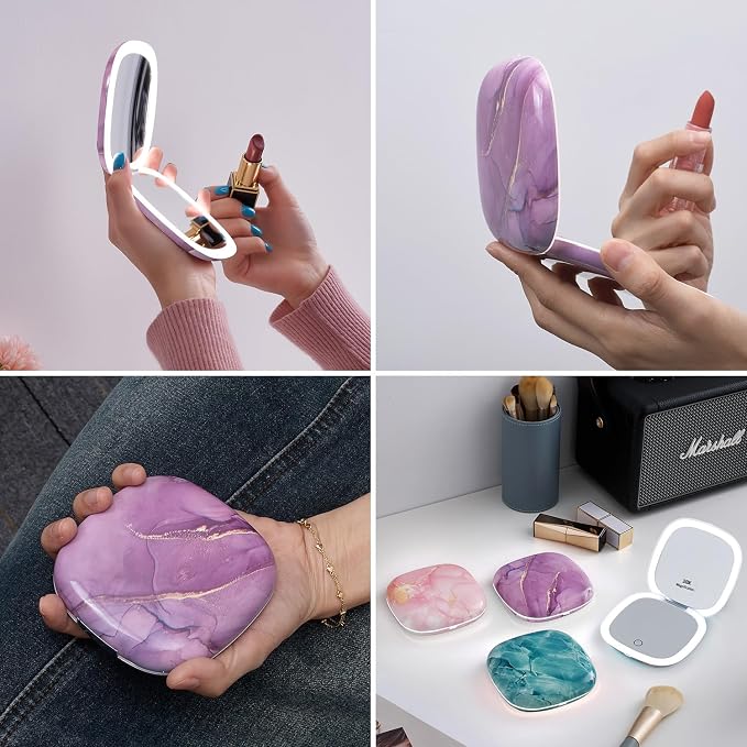Mocado Compact Mirror with Light-4 Inches Compact 1x/10x Magnifying Mirror | Double Sides Lighted, 3 Colors Lighting, 0-100% Brightness, Diammable Touch, 1200mAh Rechargeable, For Pocket, Purse