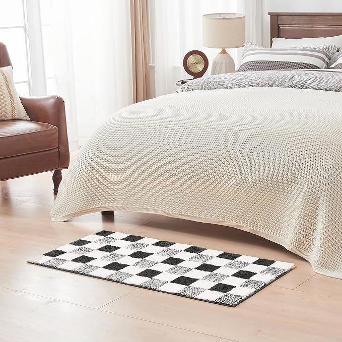 CozeCube Jet Black Checkered Bath Runner 59"x24" Non Slip Washable Rug | For Bathroom Non Slip, Fluffy Absorbent Microfiber Bath Mats Machine Wash, Stylish Long Aesthetic Bathroom Rugs